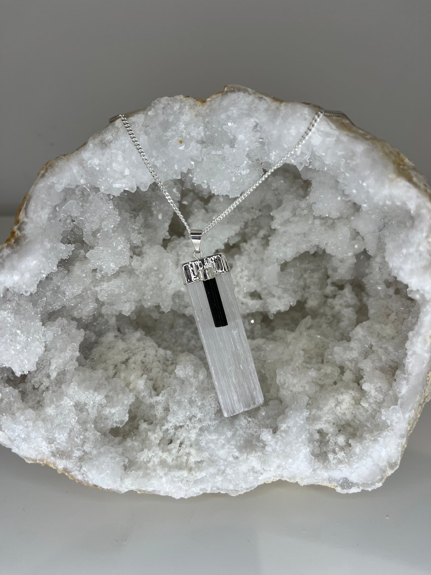 Selenite & Tourmaline Protection Wand Necklace – 20” Silver Plated