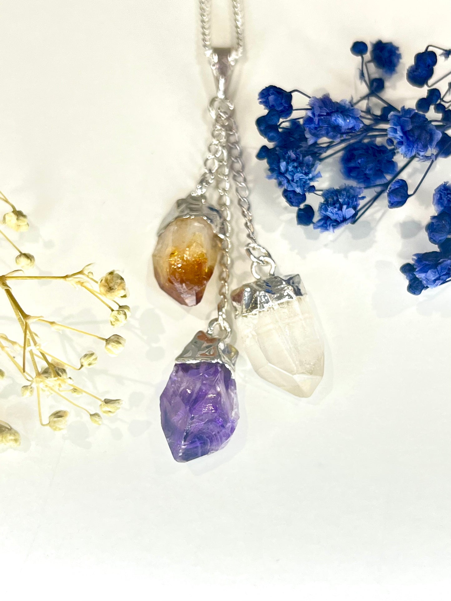 Triple Crystal Pendant Necklace – Amethyst, Citrine & Quartz (20” Silver Plated Chain)