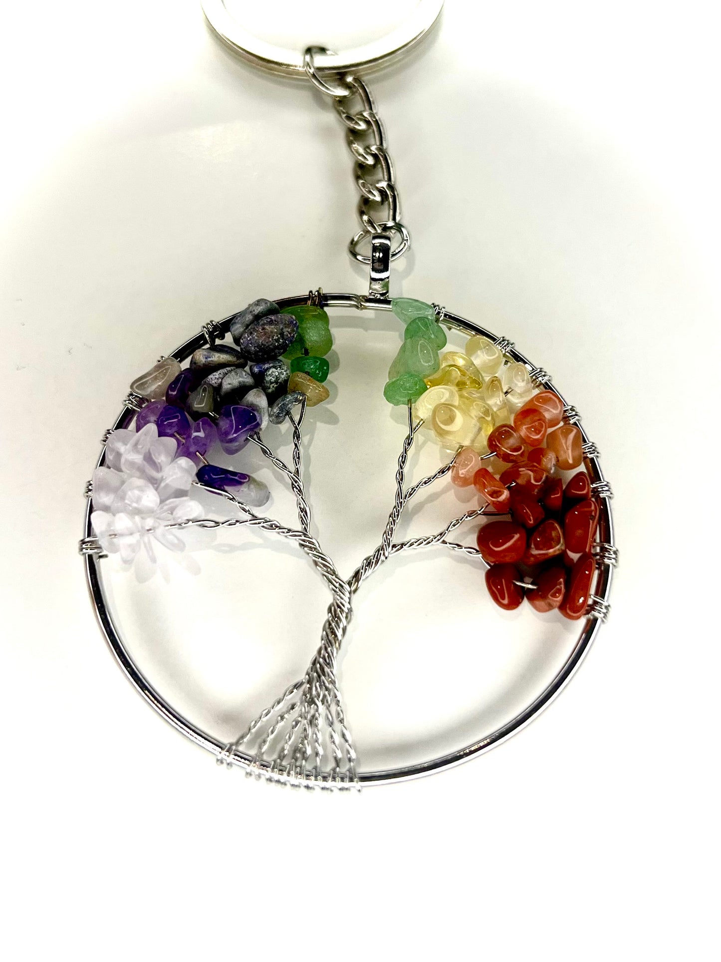 Tree of Life Chakra Keyring – Crystal Chip Rainbow Keychain for Balance & Energy