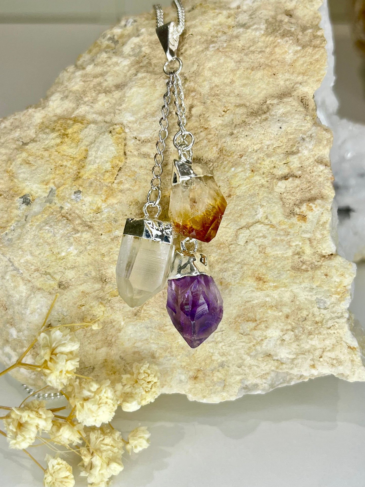 Triple Crystal Pendant Necklace – Amethyst, Citrine & Quartz (20” Silver Plated Chain)