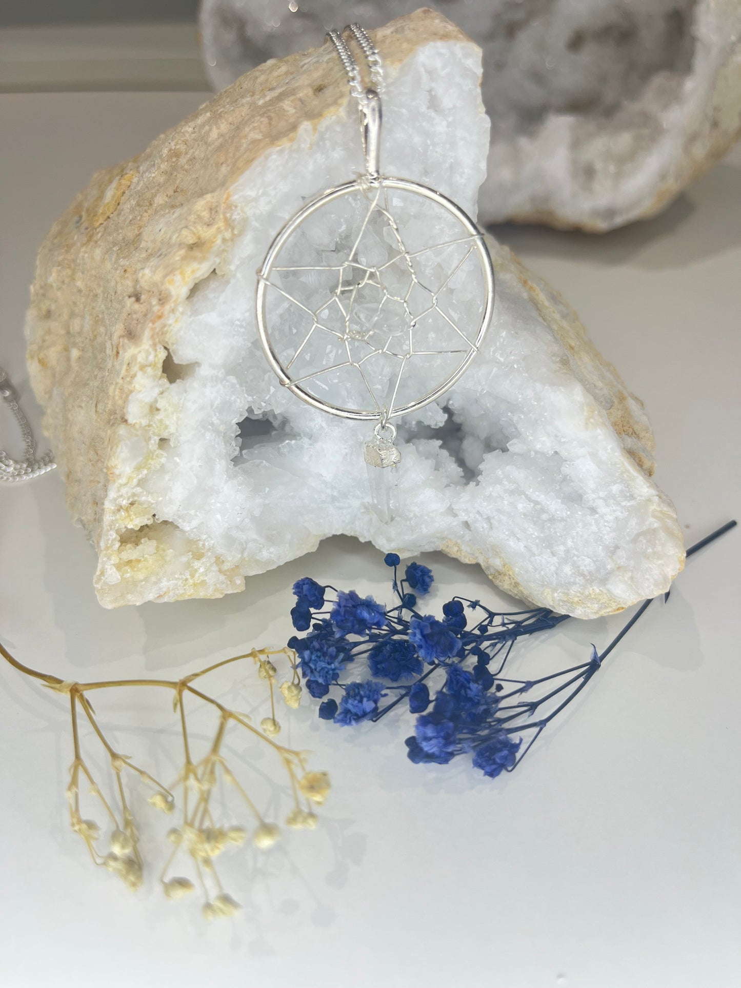 Quartz Dreamcatcher Pendant Necklace - 20” Silver Plated Chain