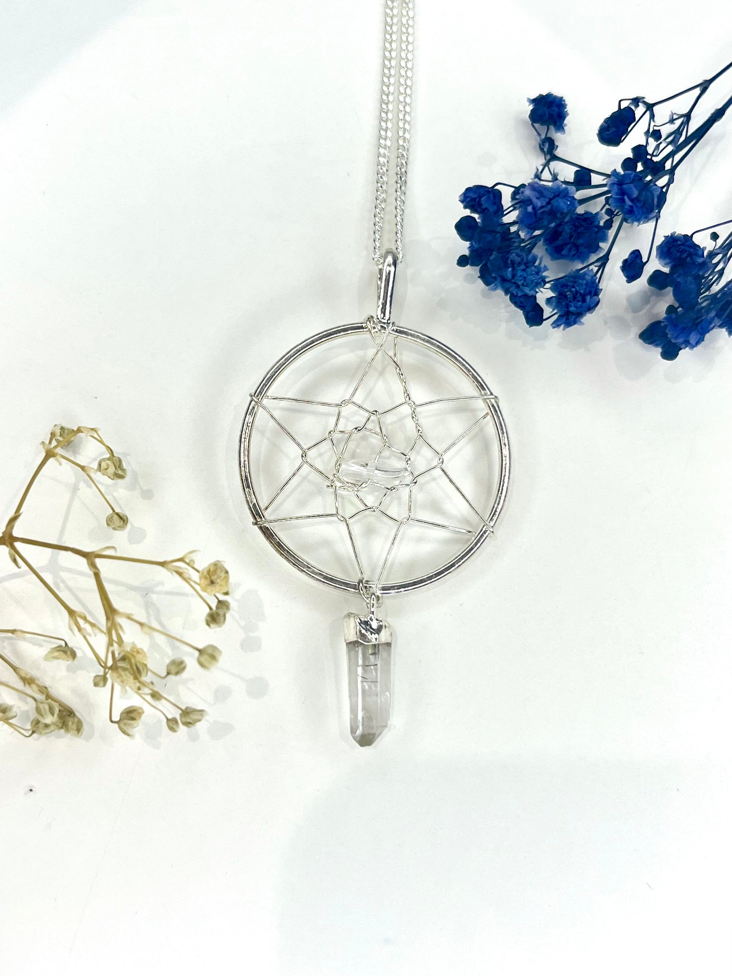 Quartz Dreamcatcher Pendant Necklace - 20” Silver Plated Chain