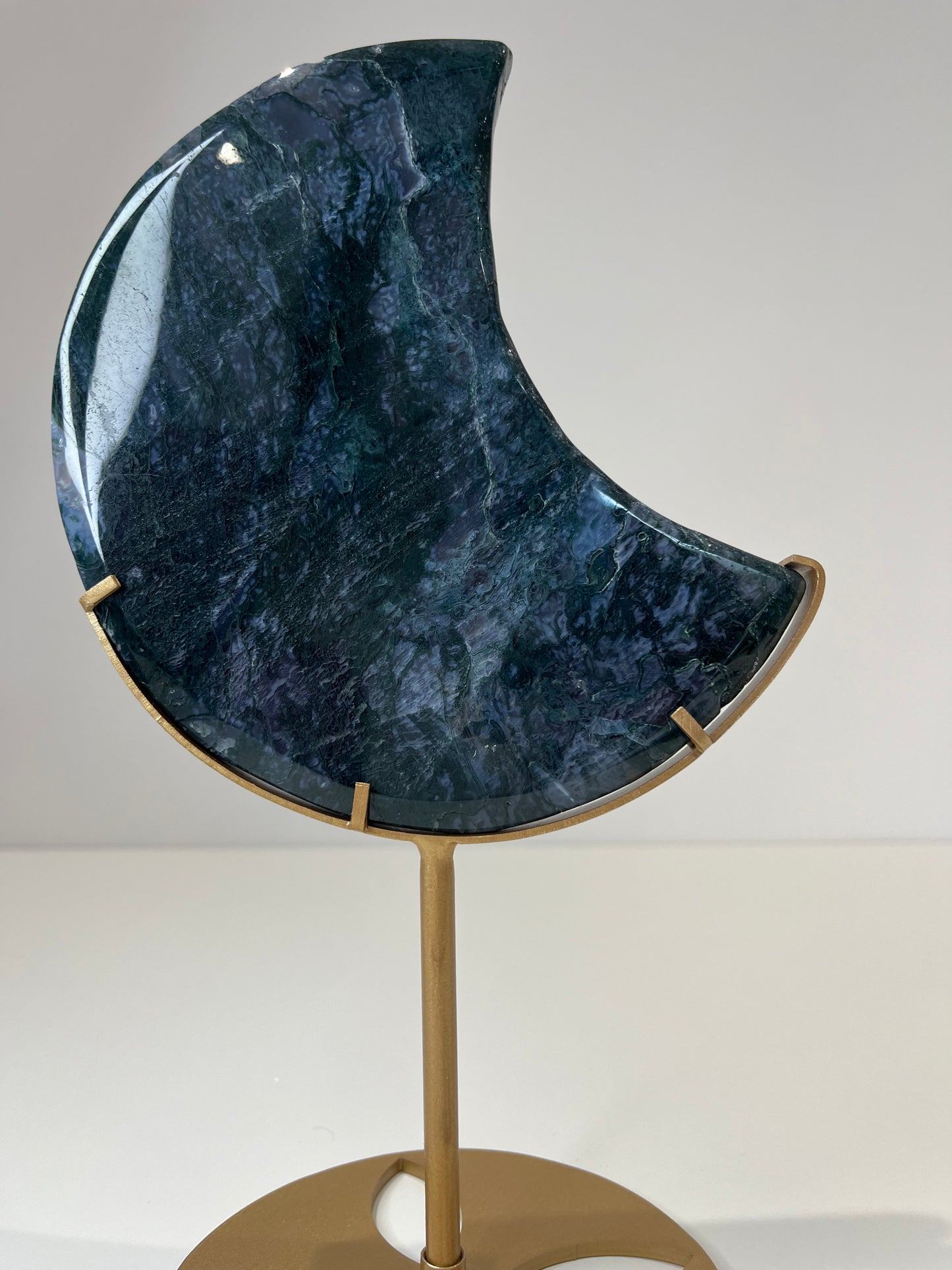 Deep Blue Moss Agate Moon With Stand