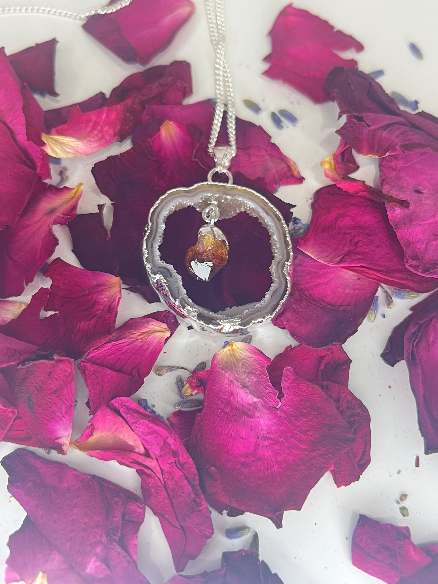 Agate Geode Slice With Citrine Point - Silver Plated