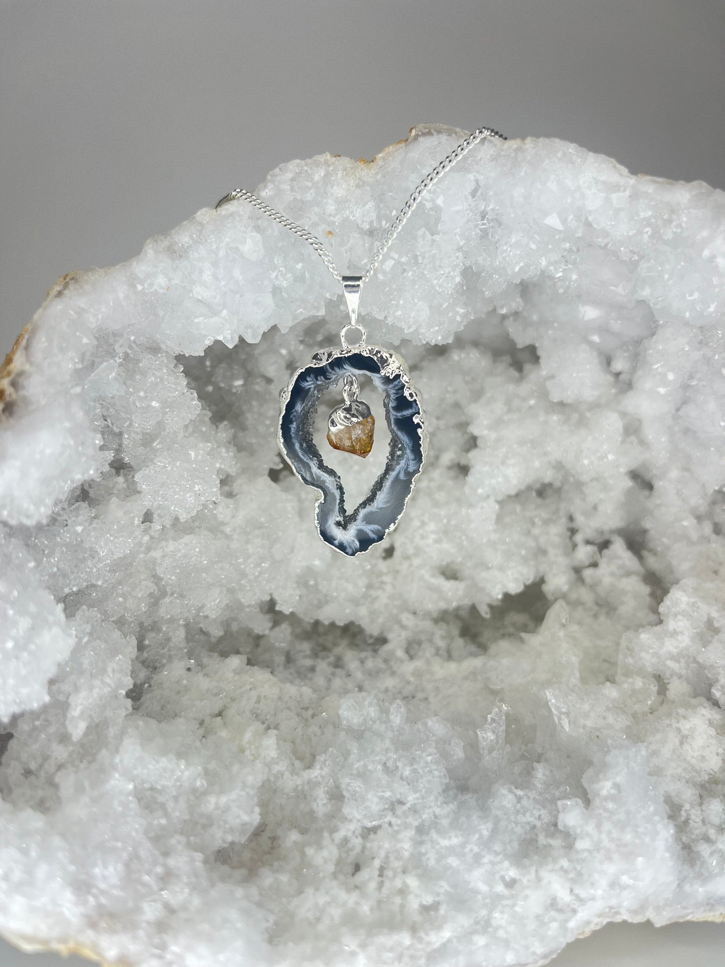 Agate Geode Slice With Citrine Point - Silver Plated