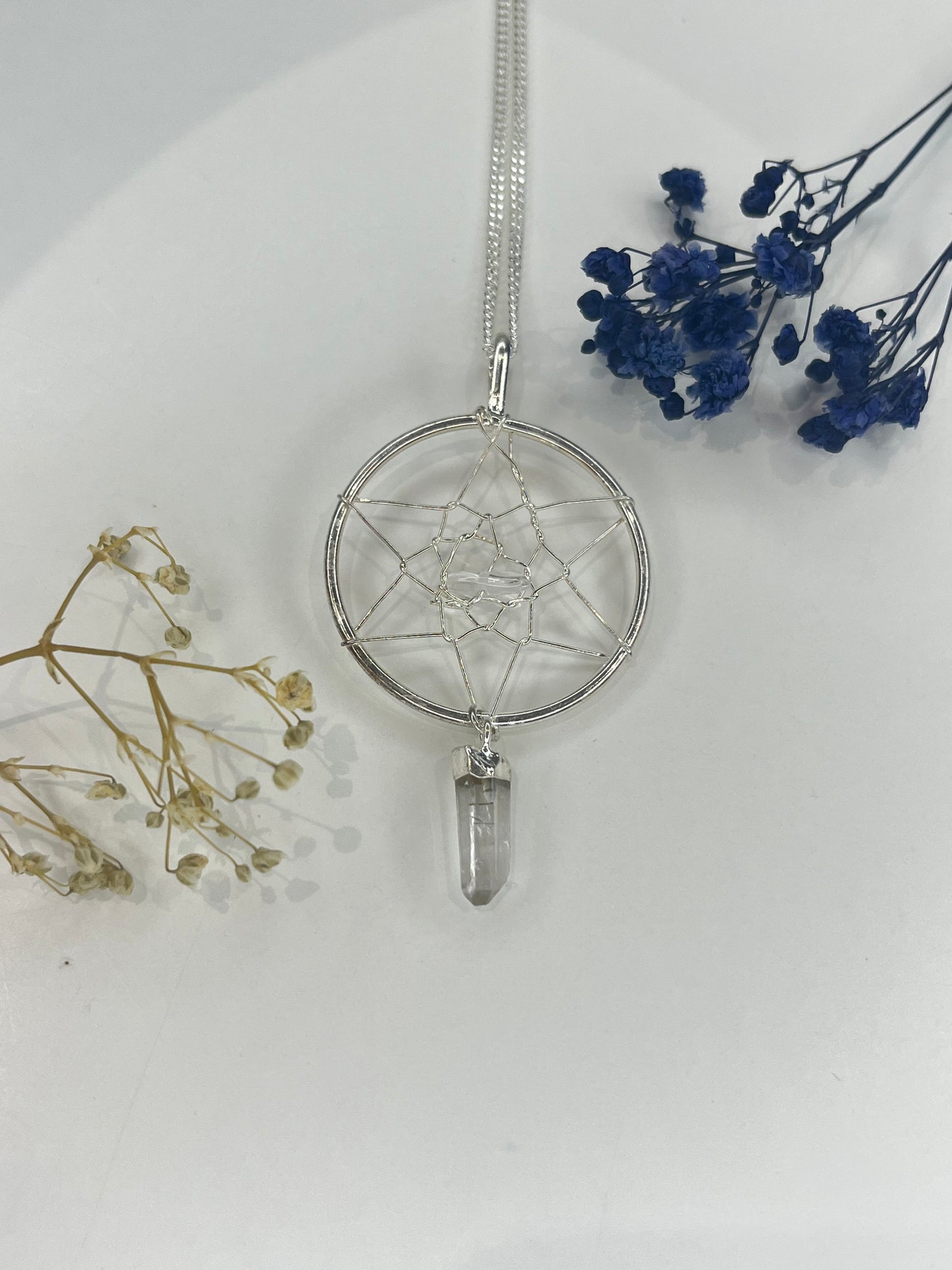 Quartz Dreamcatcher Pendant Necklace - 20” Silver Plated Chain