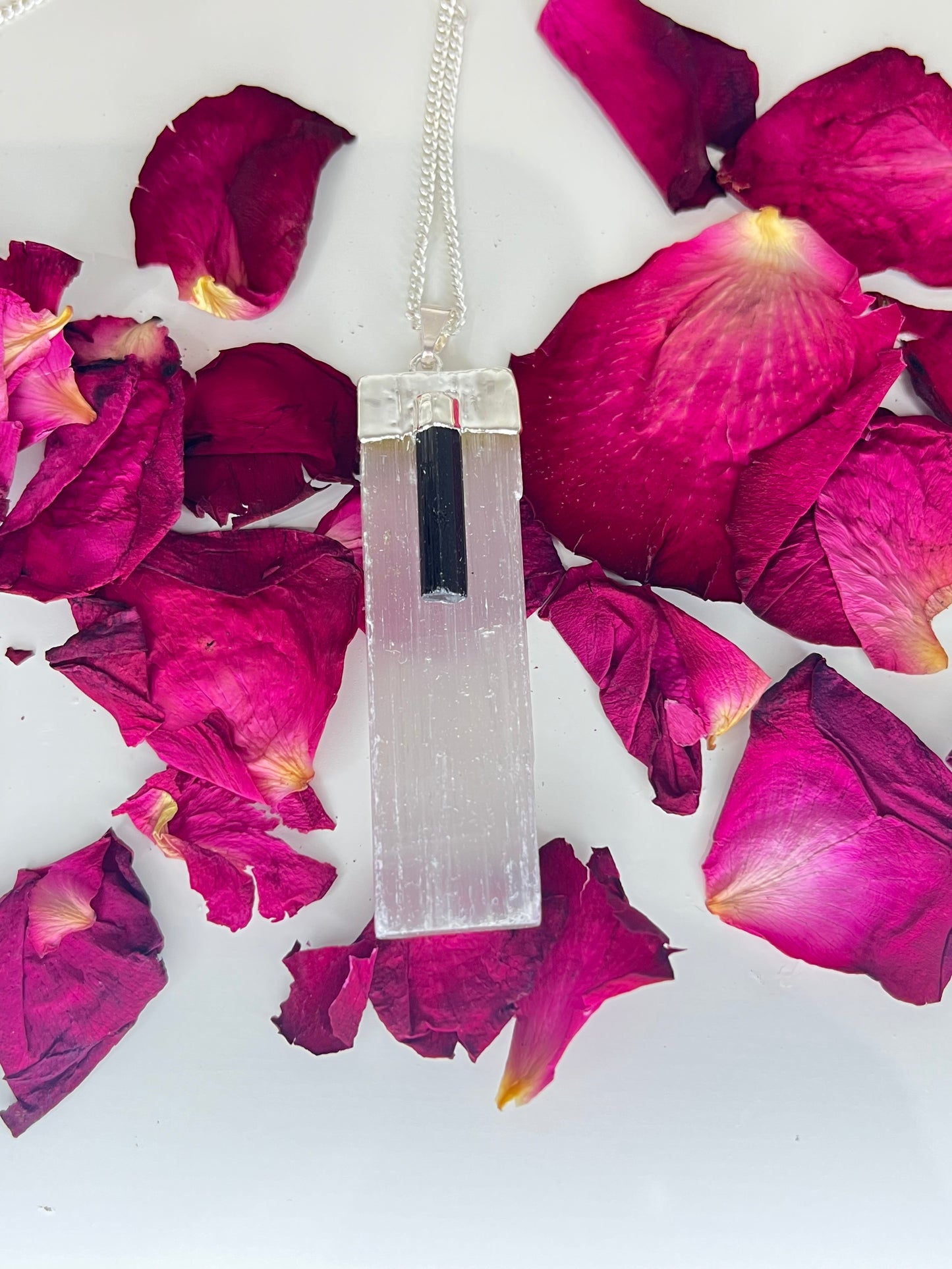 Selenite & Tourmaline Protection Wand Necklace – 20” Silver Plated