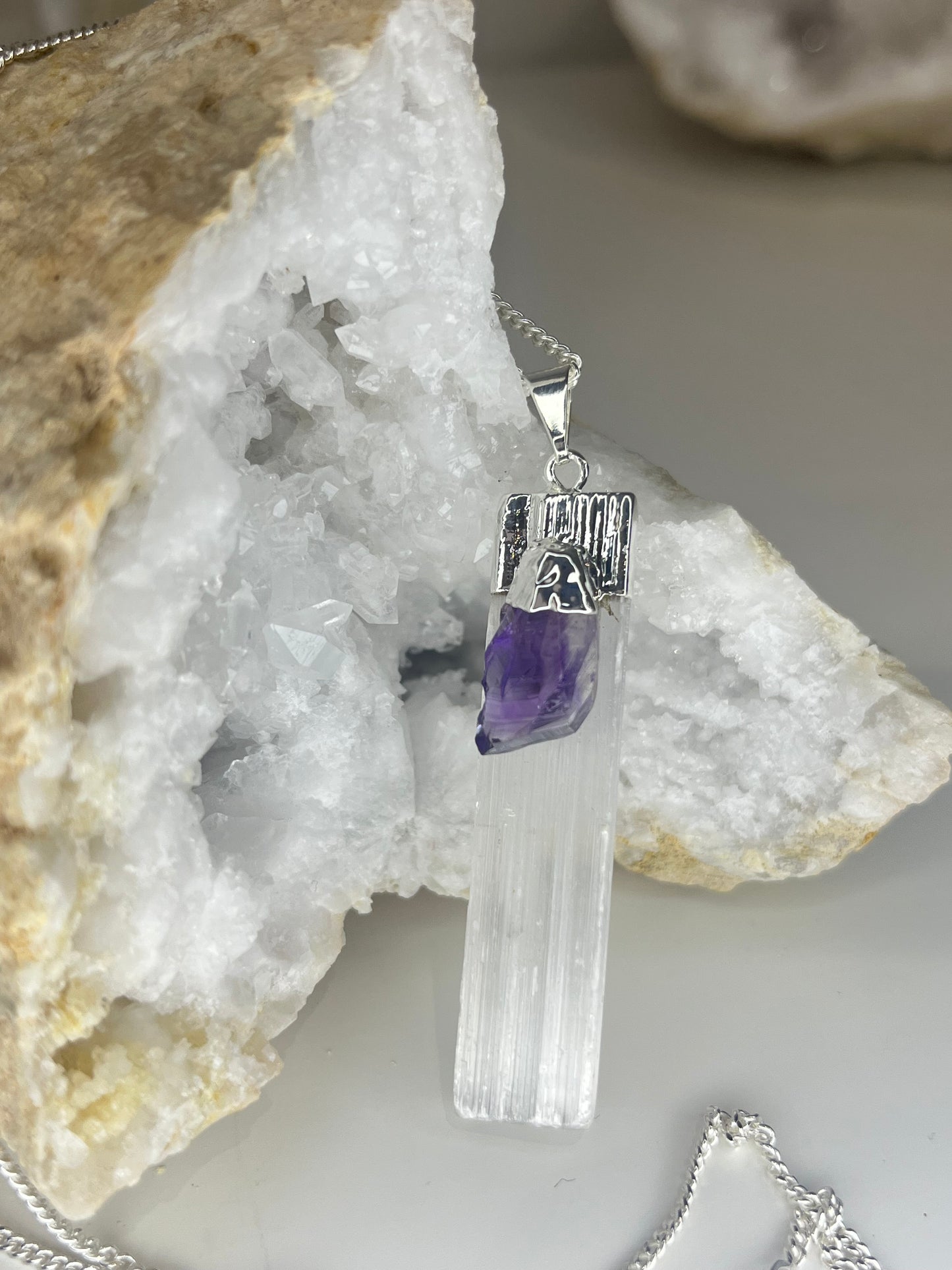 Selenite Wand with Amethyst - Silver Plated