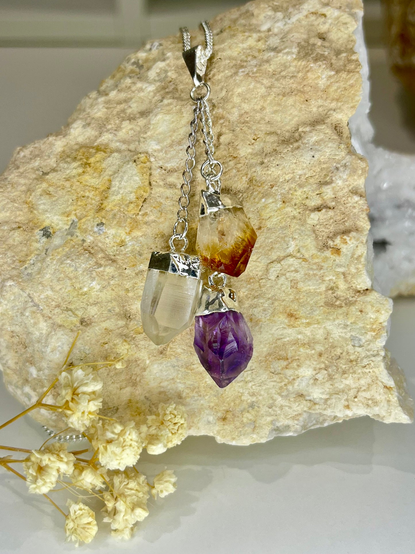 Triple Crystal Pendant Necklace – Amethyst, Citrine & Quartz (20” Silver Plated Chain)