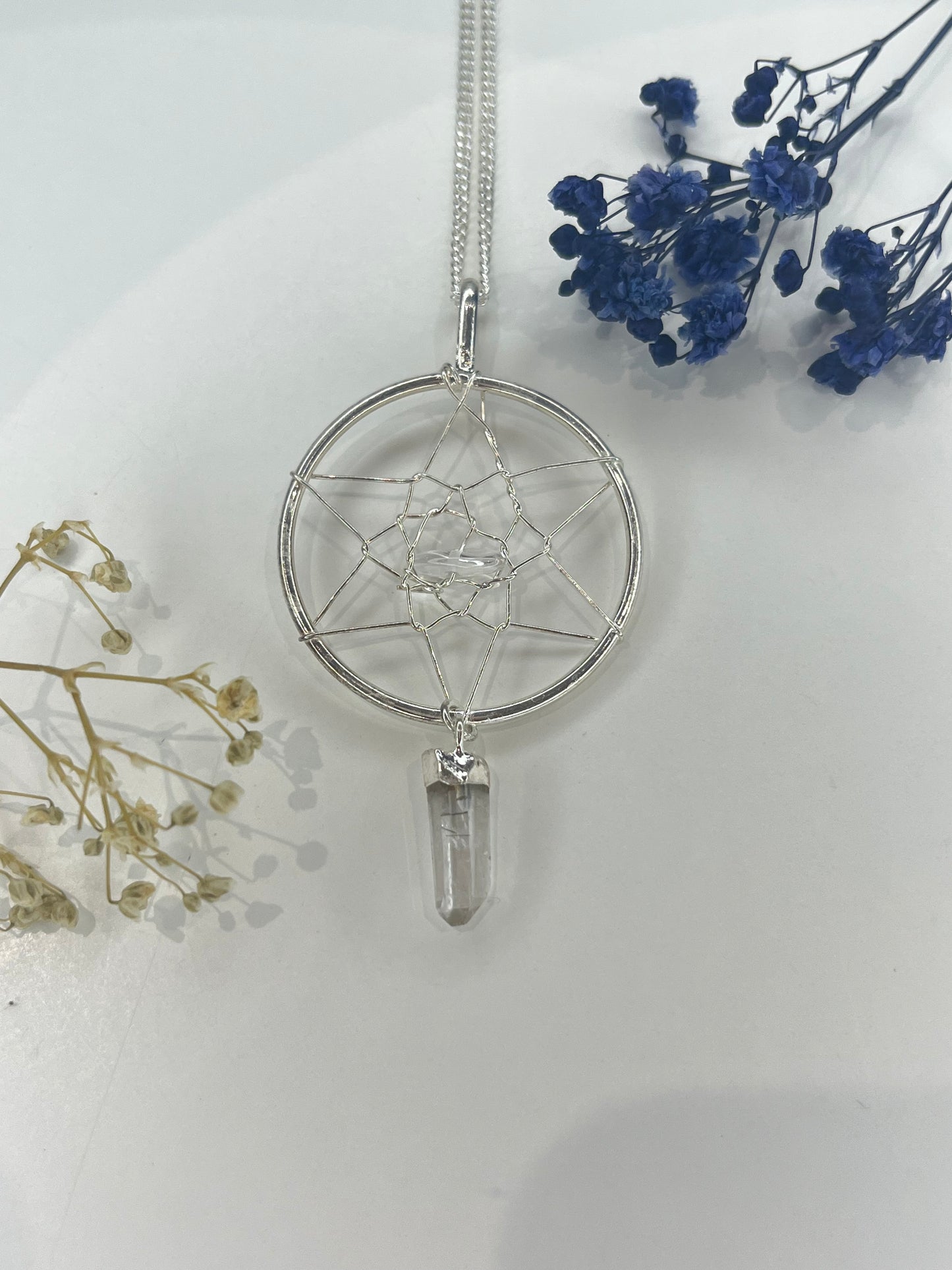 Quartz Dreamcatcher Pendant Necklace - 20” Silver Plated Chain