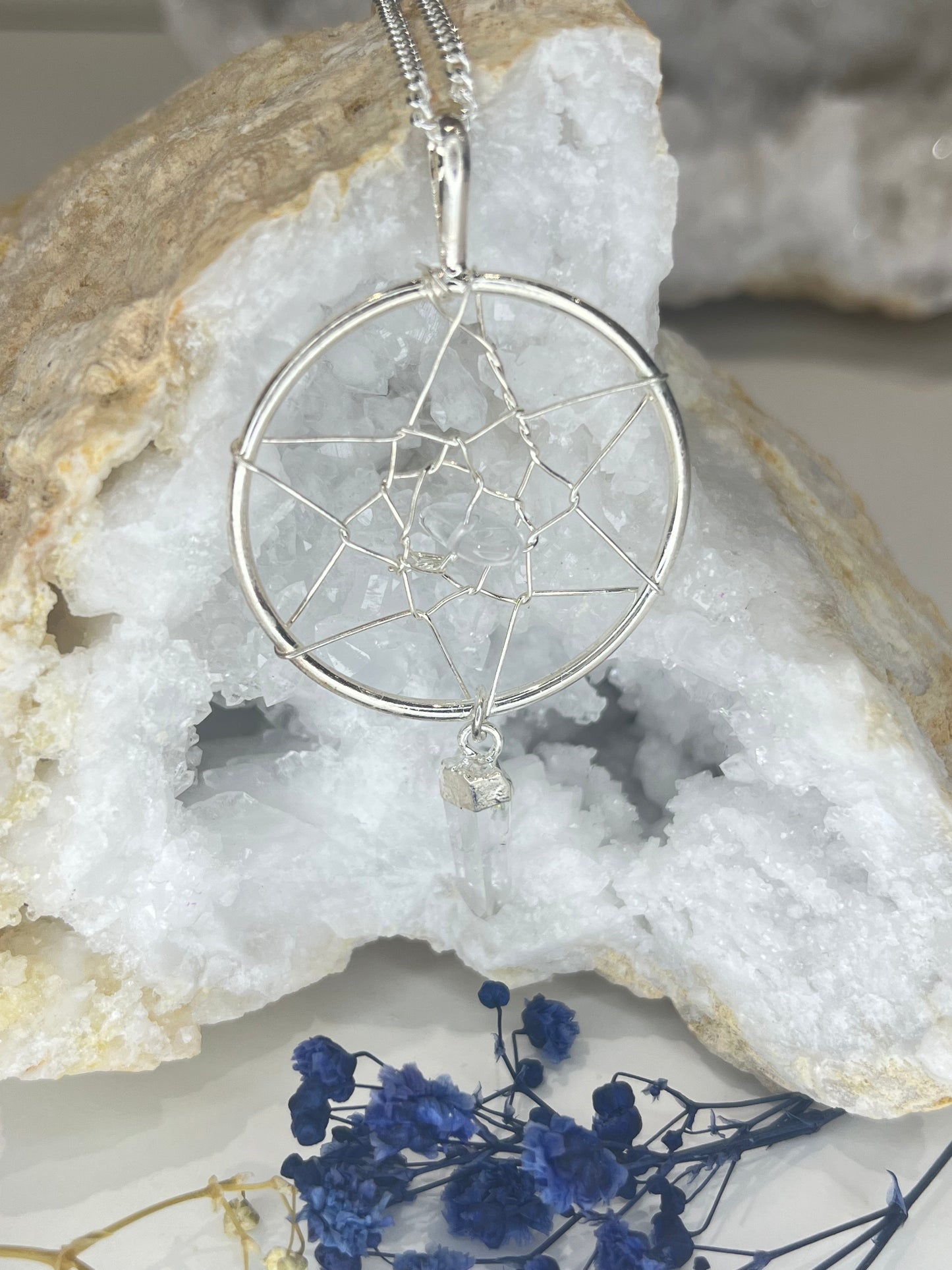 Quartz Dreamcatcher Pendant Necklace - 20” Silver Plated Chain