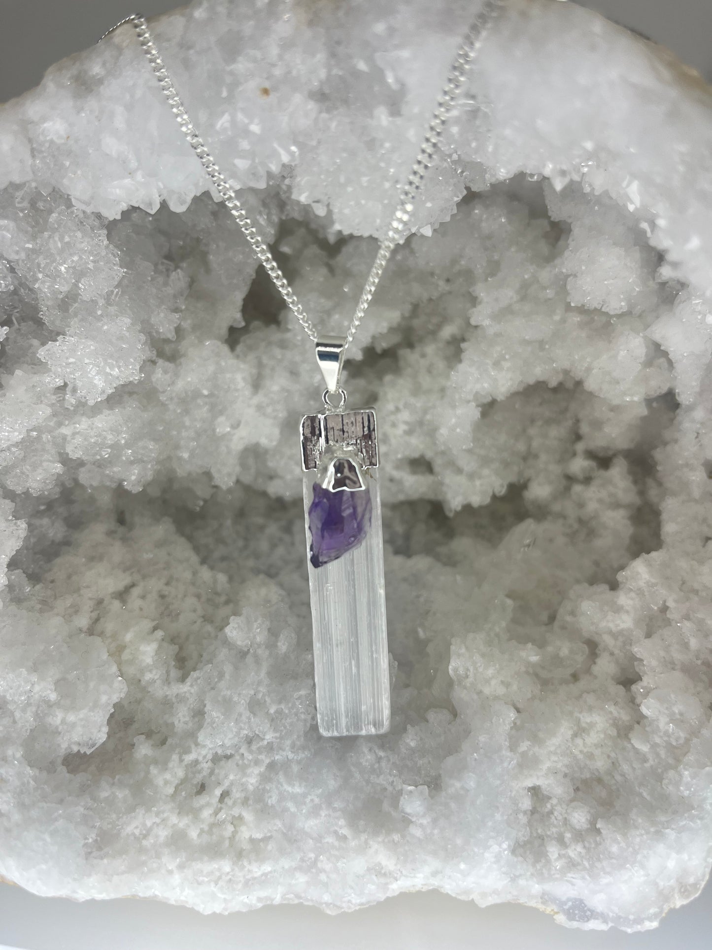 Selenite Wand with Amethyst - Silver Plated