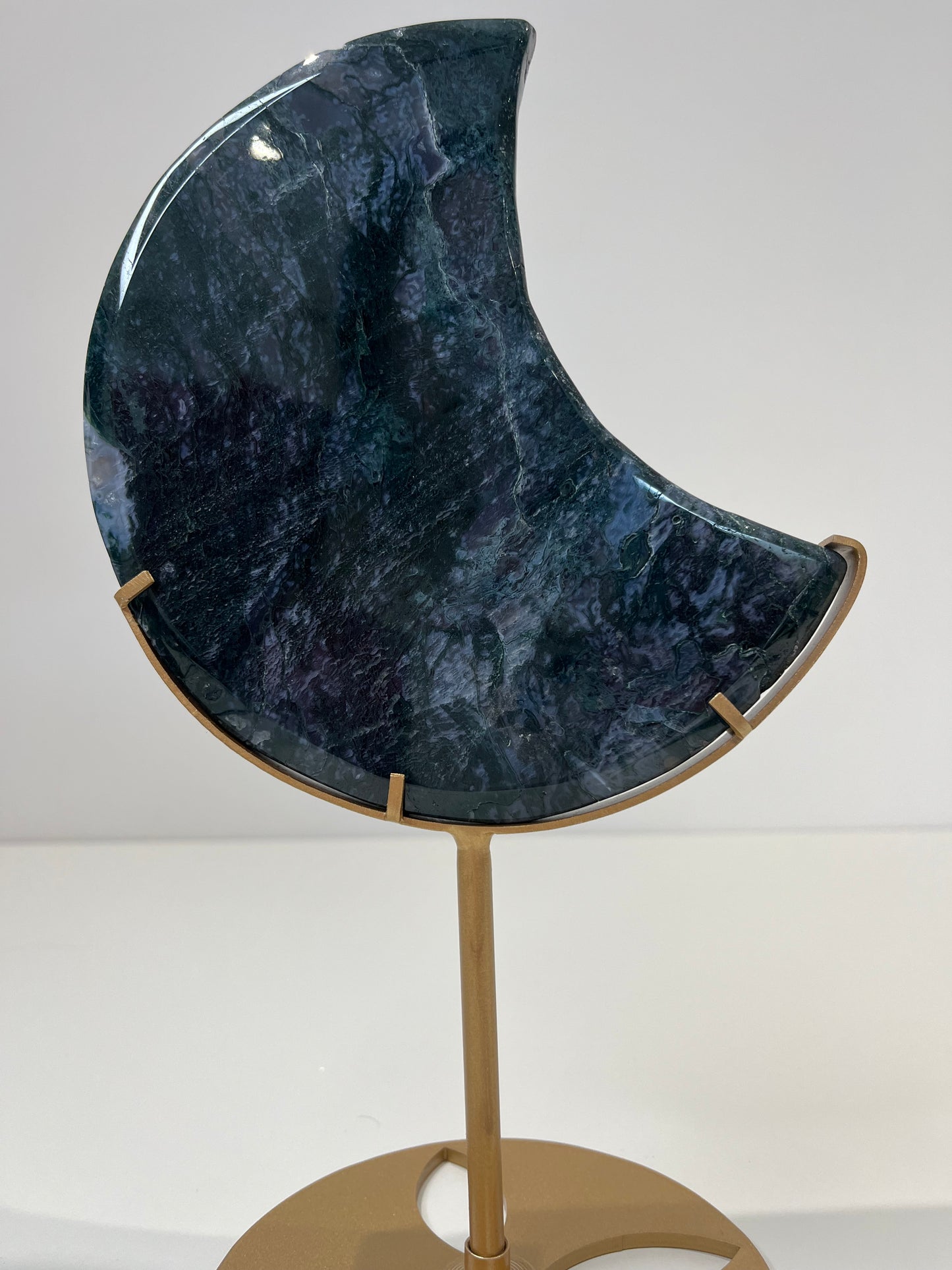 Deep Blue Moss Agate Moon With Stand