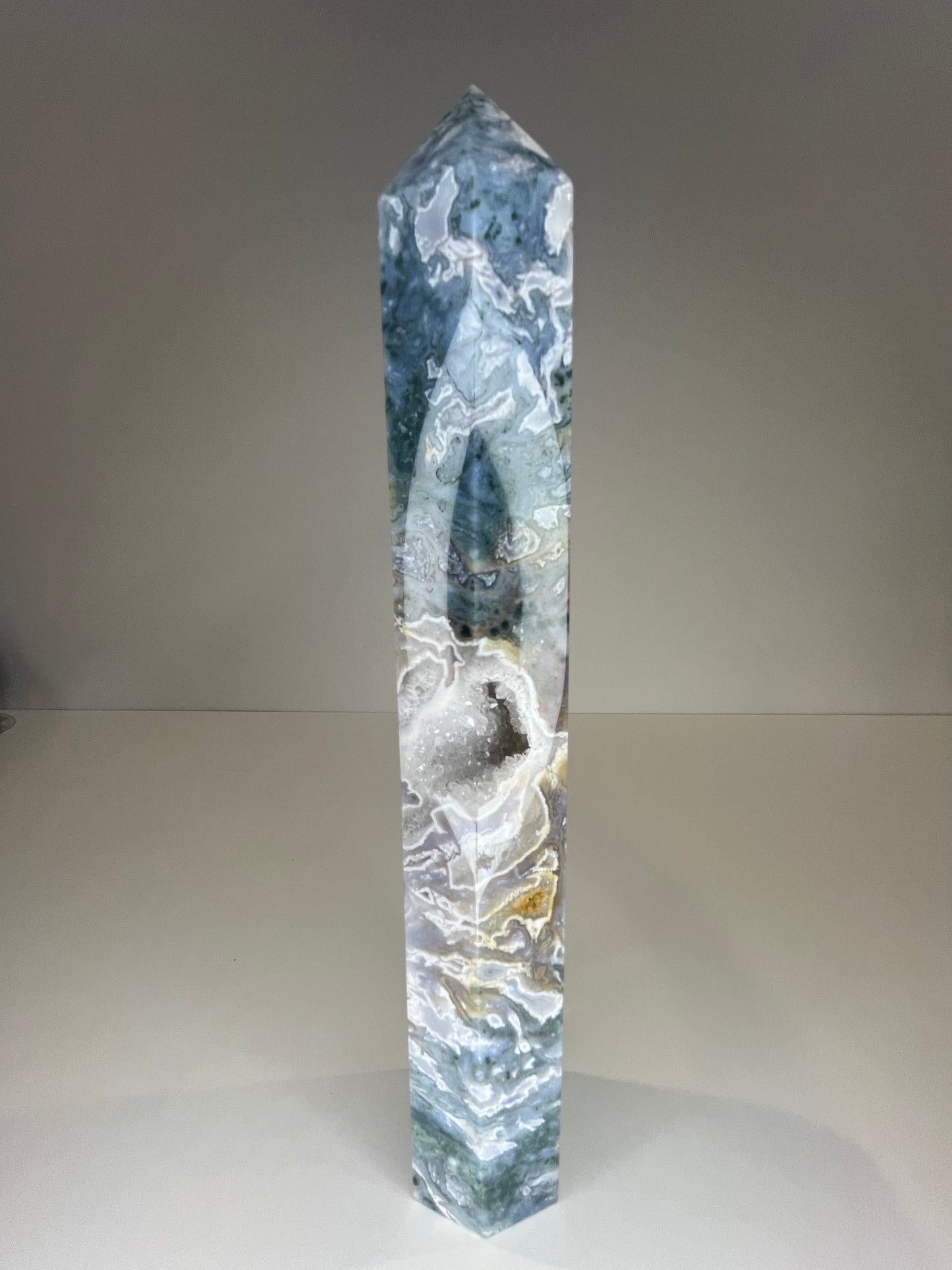 XL Blue Moss Agate Druzy Tower