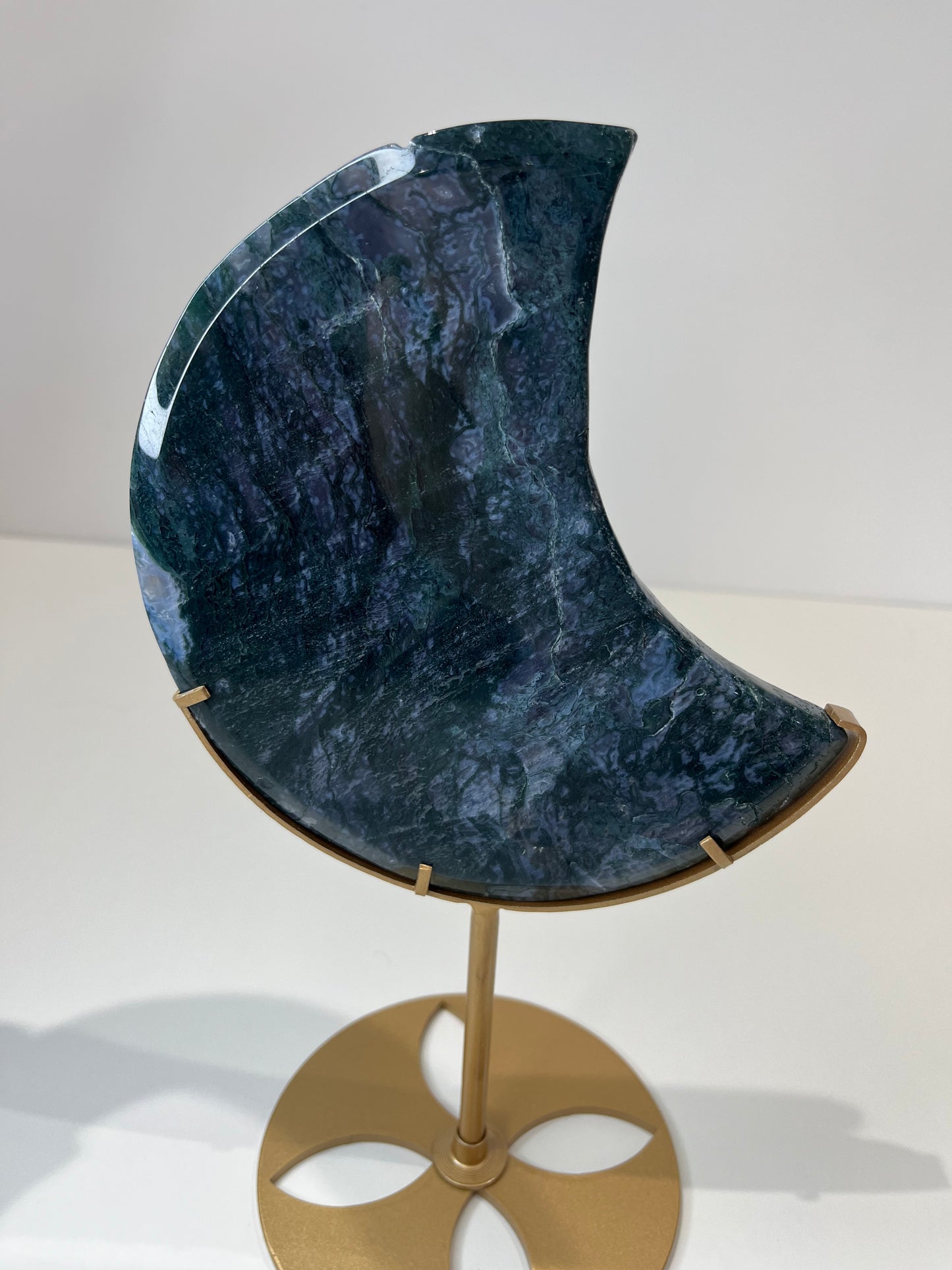 Deep Blue Moss Agate Moon With Stand