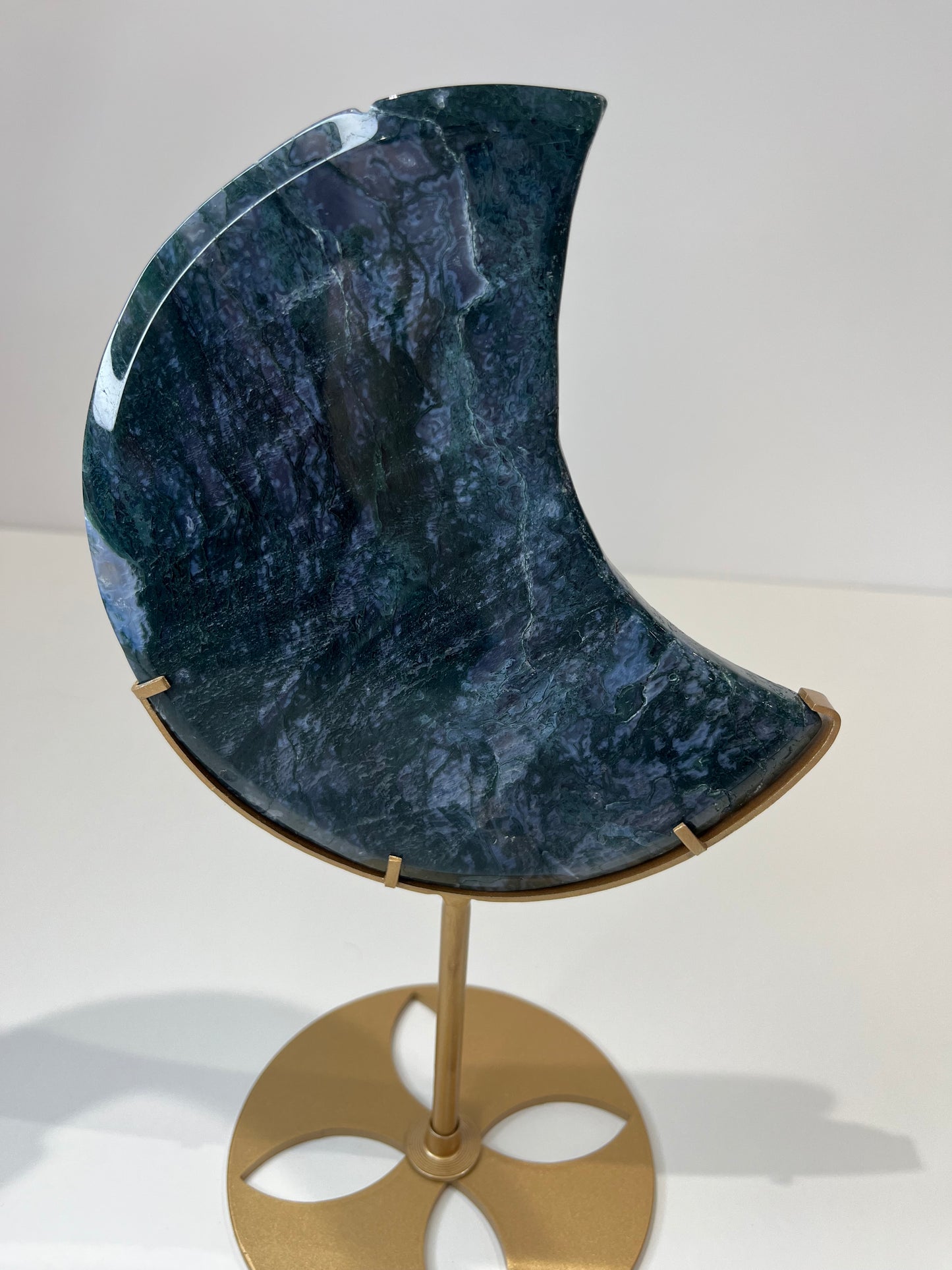 Deep Blue Moss Agate Moon With Stand