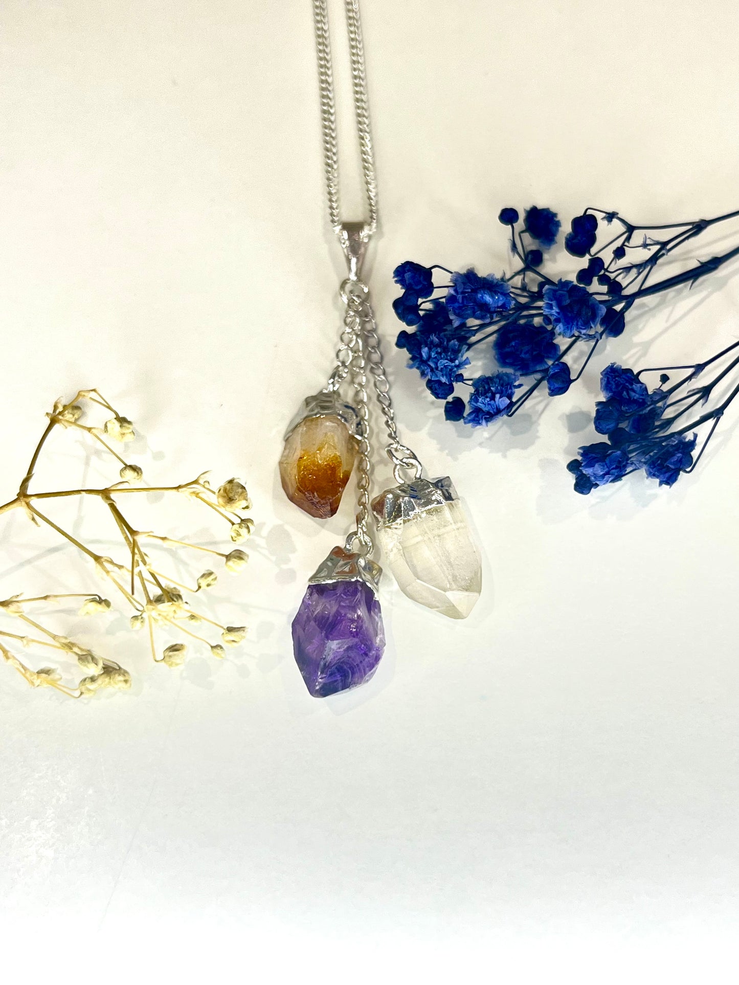 Triple Crystal Pendant Necklace – Amethyst, Citrine & Quartz (20” Silver Plated Chain)