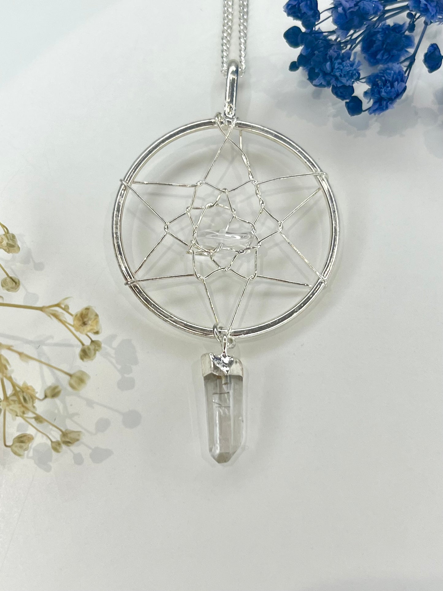 Quartz Dreamcatcher Pendant Necklace - 20” Silver Plated Chain