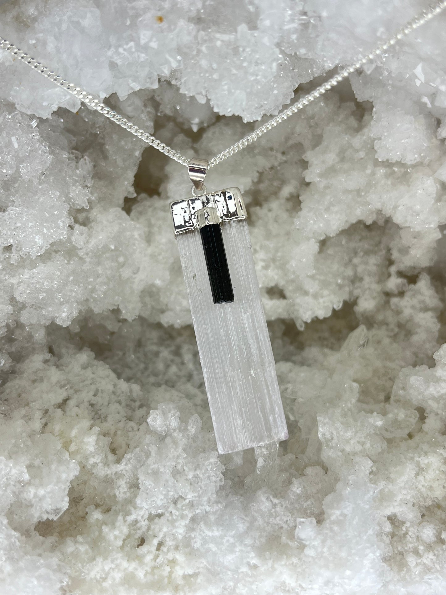 Selenite & Tourmaline Protection Wand Necklace – 20” Silver Plated
