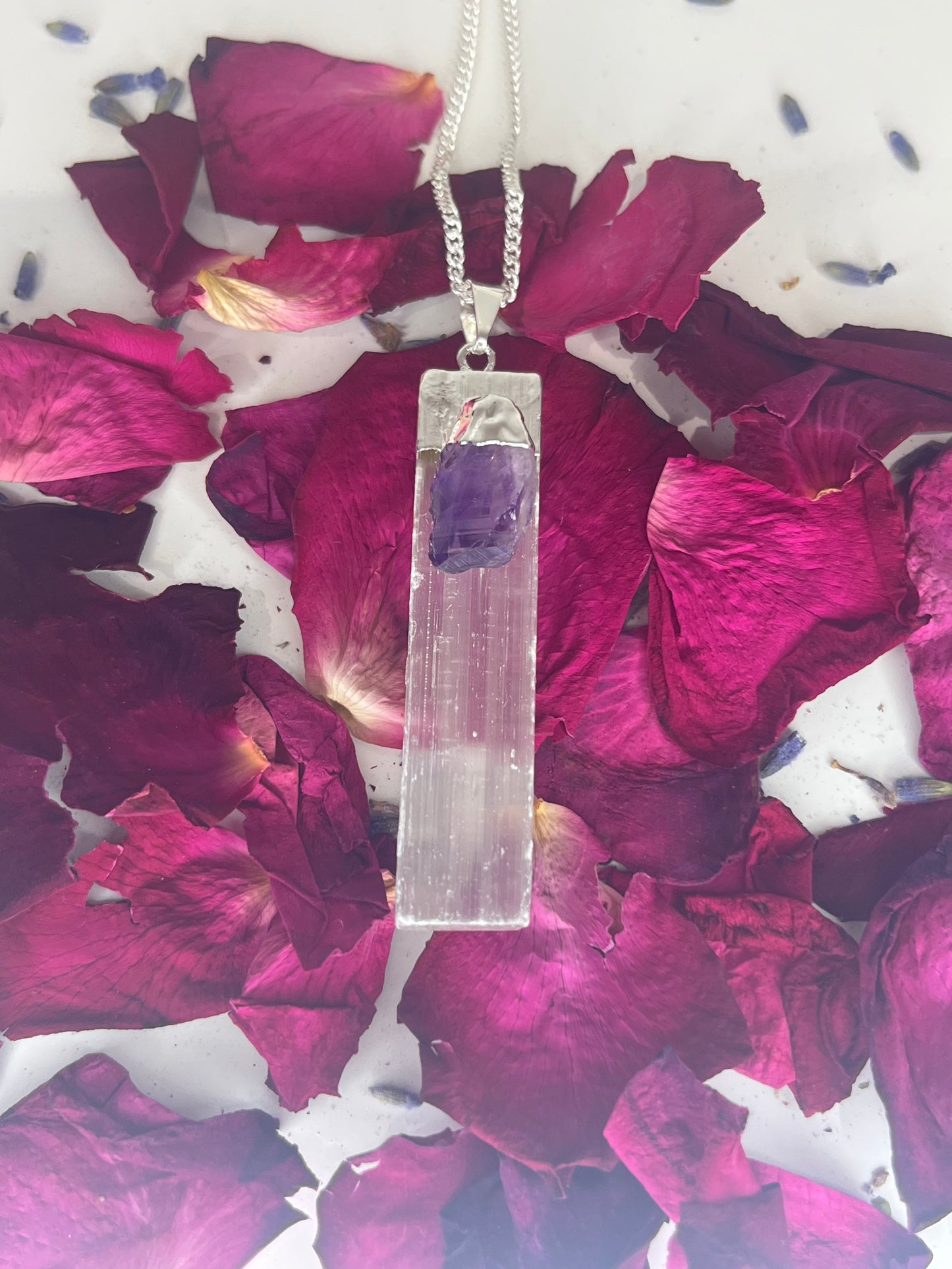 Selenite Wand with Amethyst - Silver Plated