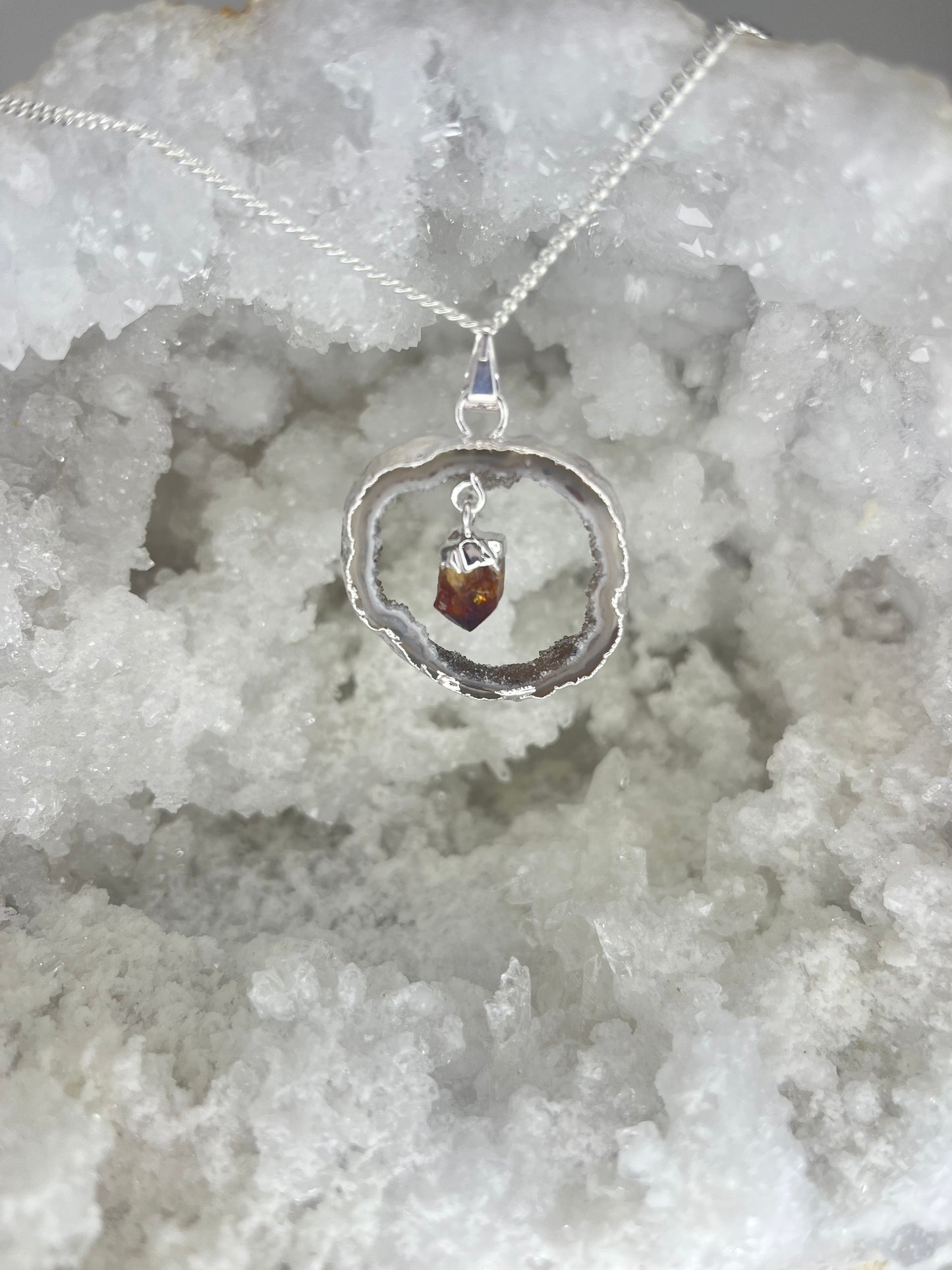 Agate Geode Slice With Citrine Point - Silver Plated