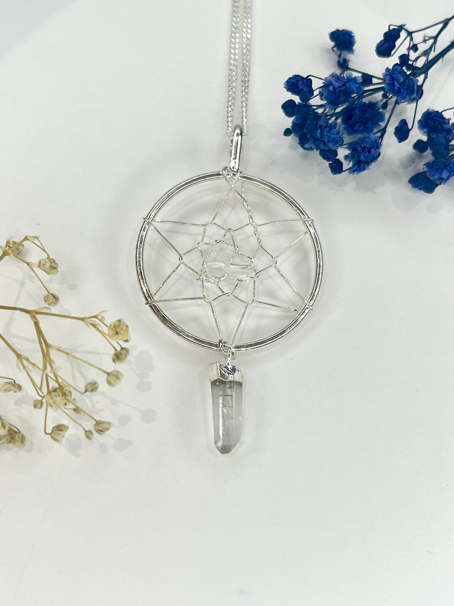 Quartz Dreamcatcher Pendant Necklace - 20” Silver Plated Chain