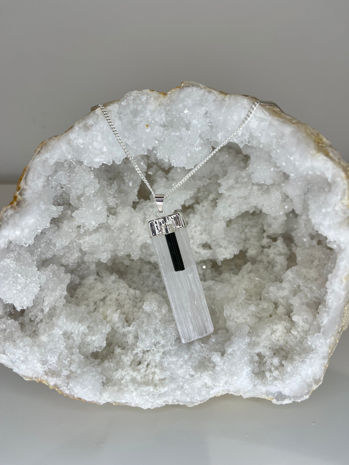 Selenite & Tourmaline Protection Wand Necklace – 20” Silver Plated
