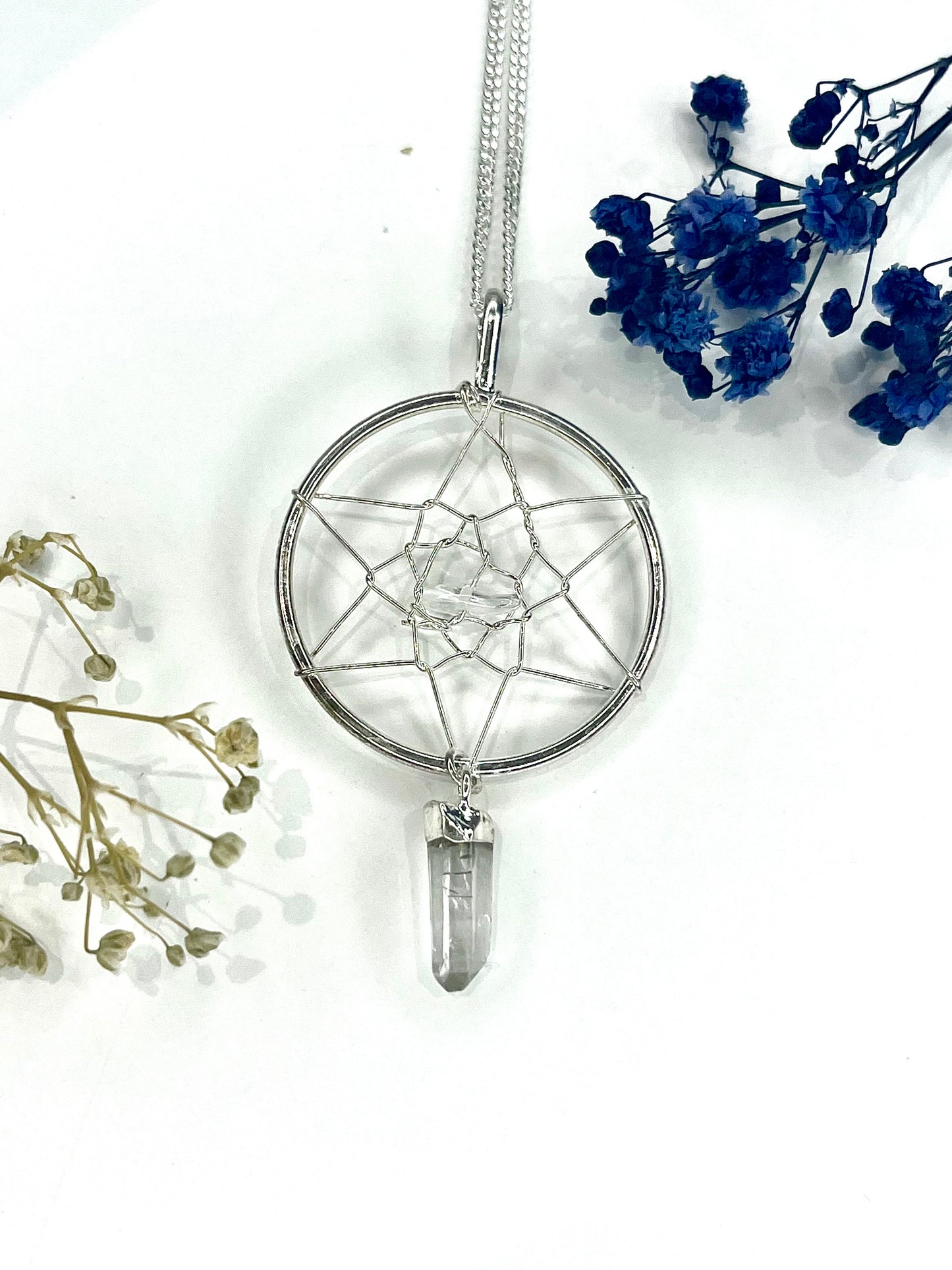 Quartz Dreamcatcher Pendant Necklace - 20” Silver Plated Chain