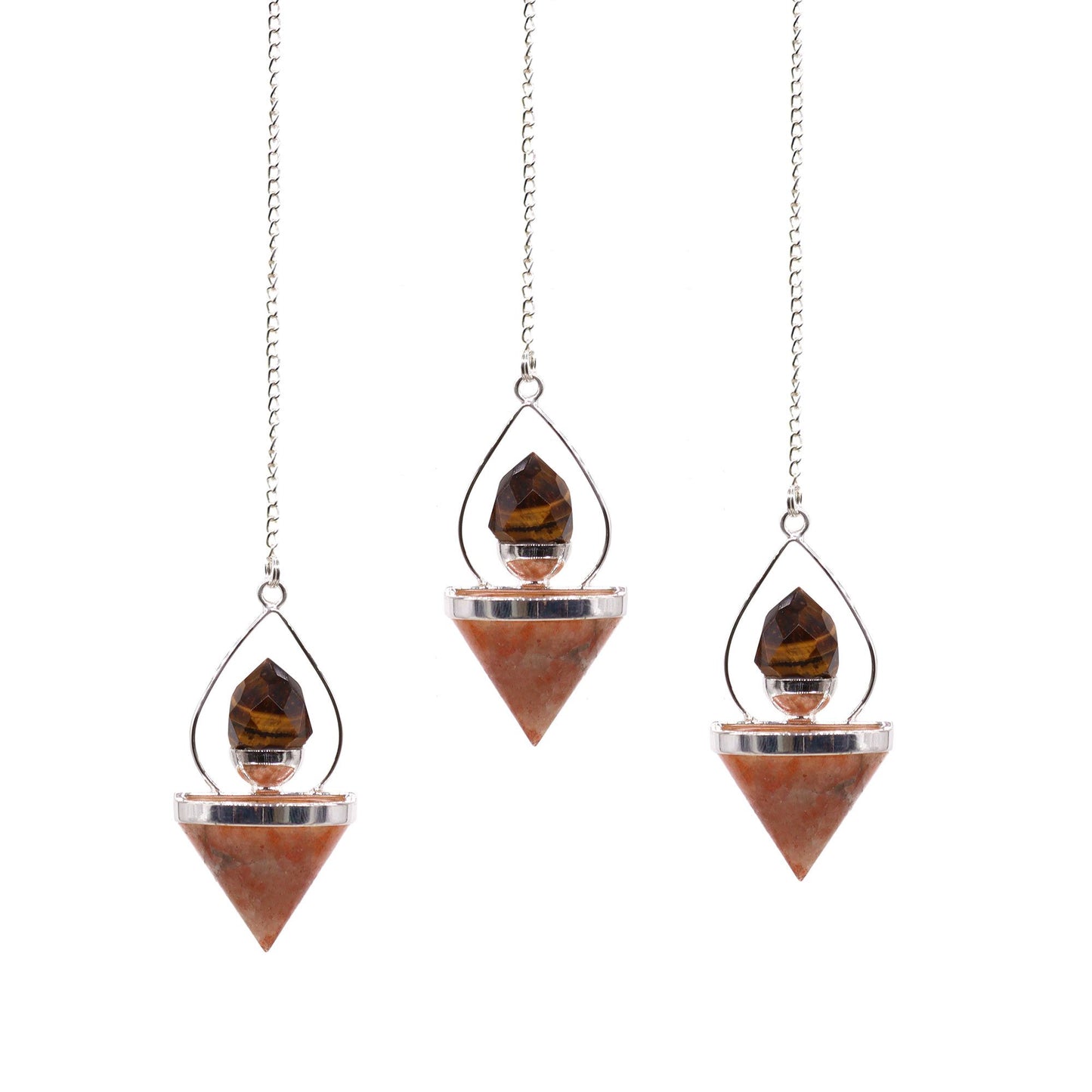 Two hanging pendulums with tiger eye stones on a white background