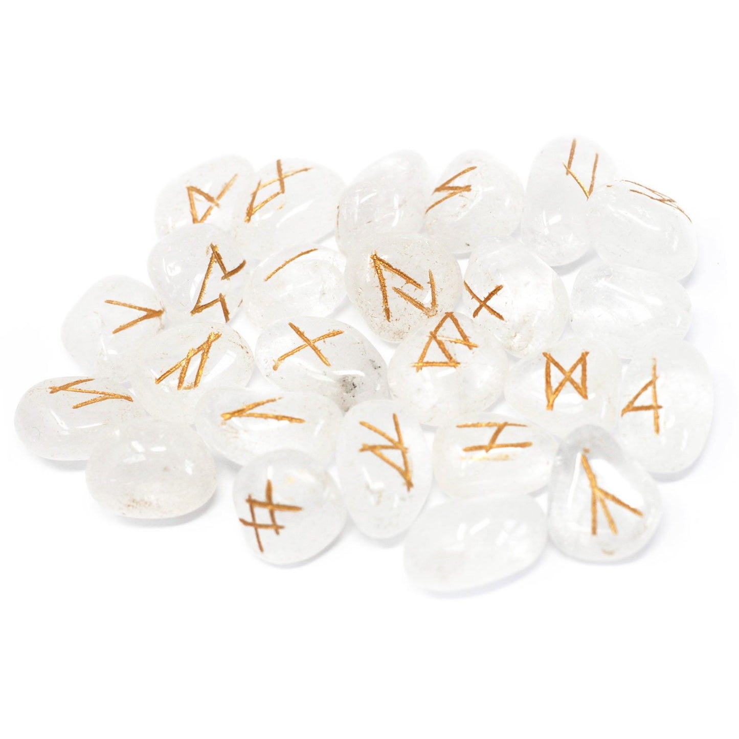 quartz tumble stones with gold runes on a white background