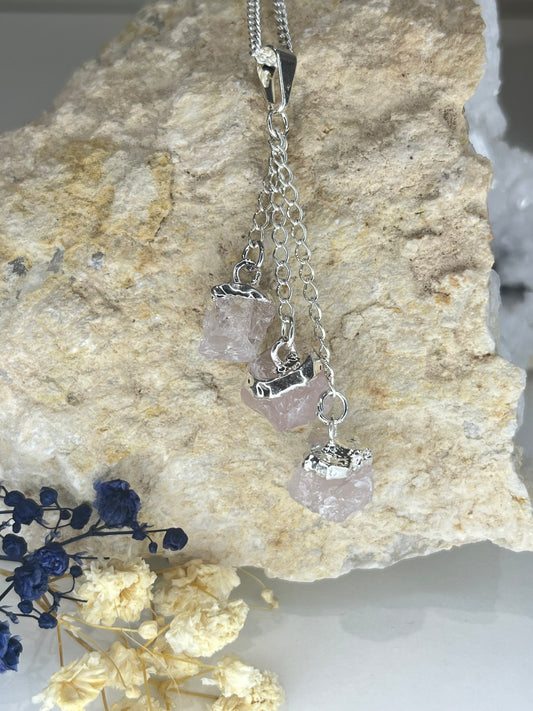 Triple Rose Quartz Pendant Necklace (20" Silver Plated Chain)