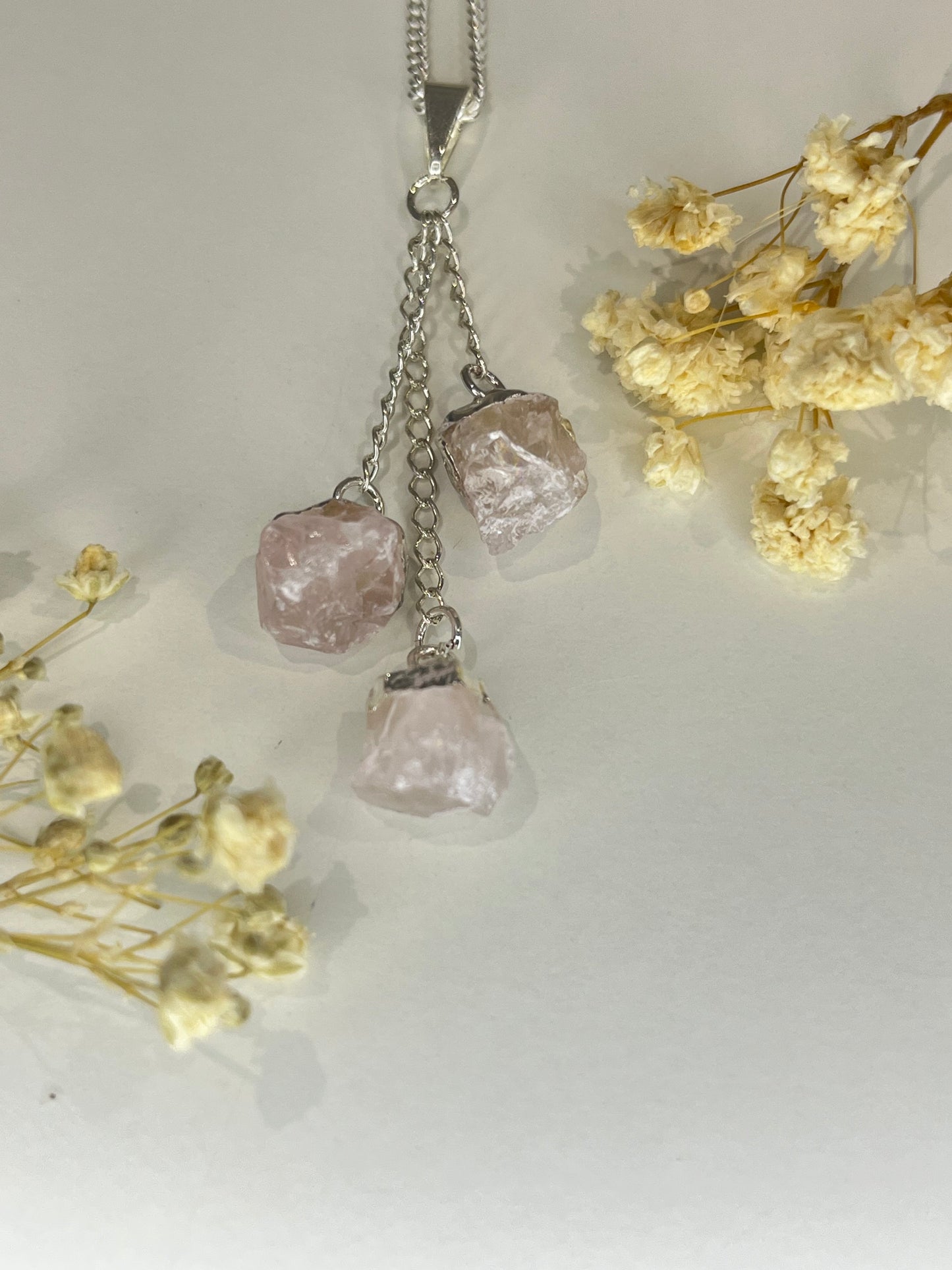 Triple Rose Quartz Pendant Necklace (20" Silver Plated Chain)