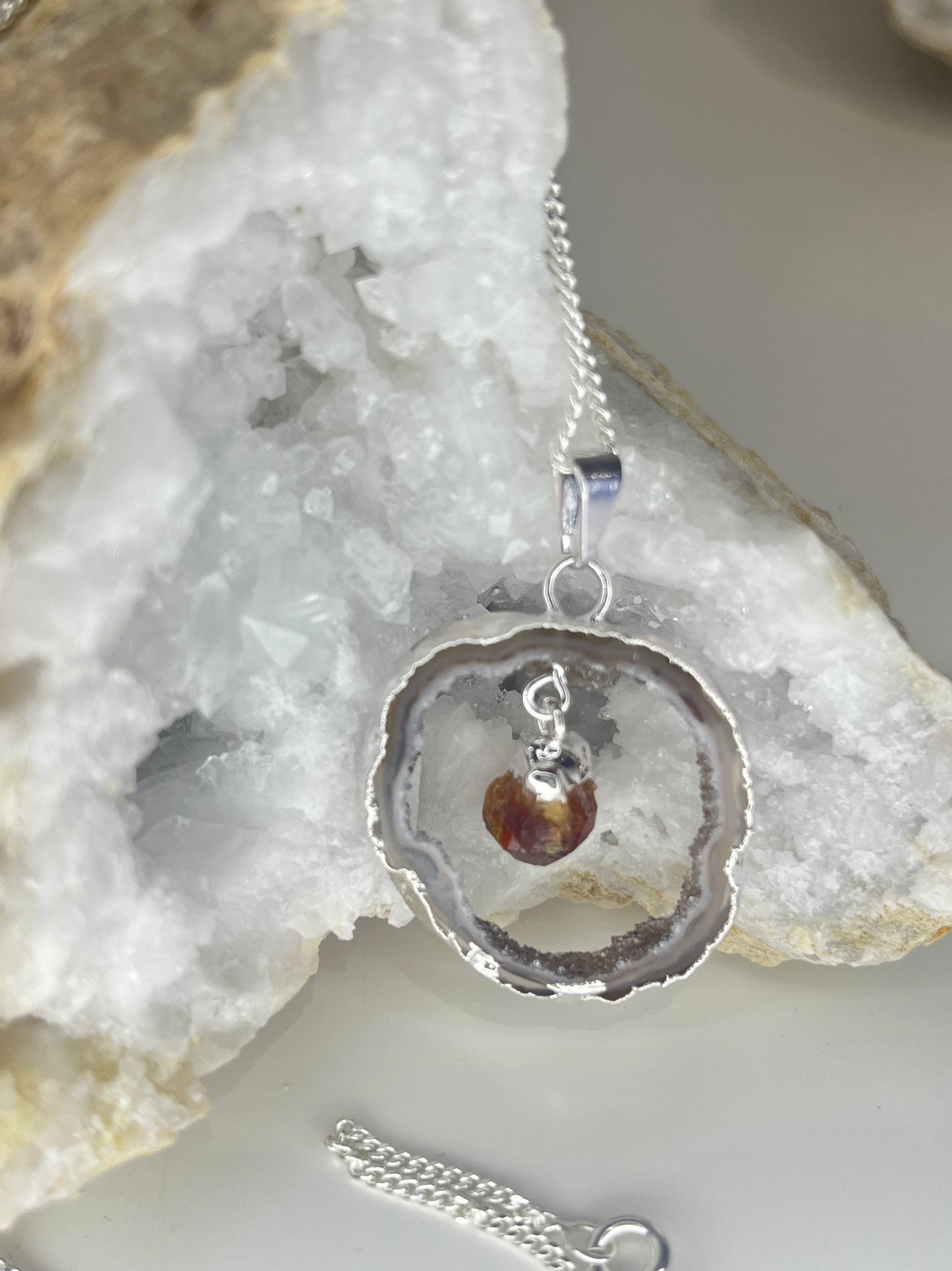 Agate Geode Slice With Citrine Point - Silver Plated