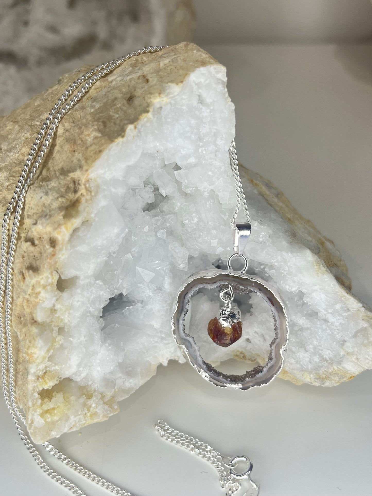 Agate Geode Slice With Citrine Point - Silver Plated