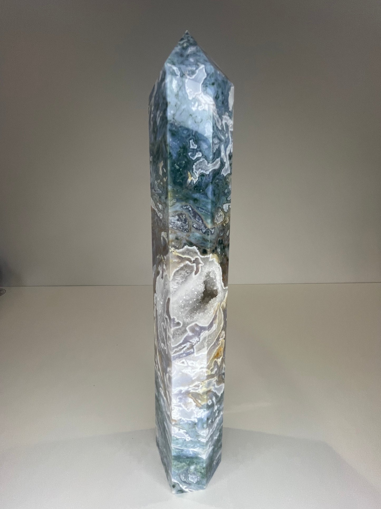 XL Blue Moss Agate Druzy Tower