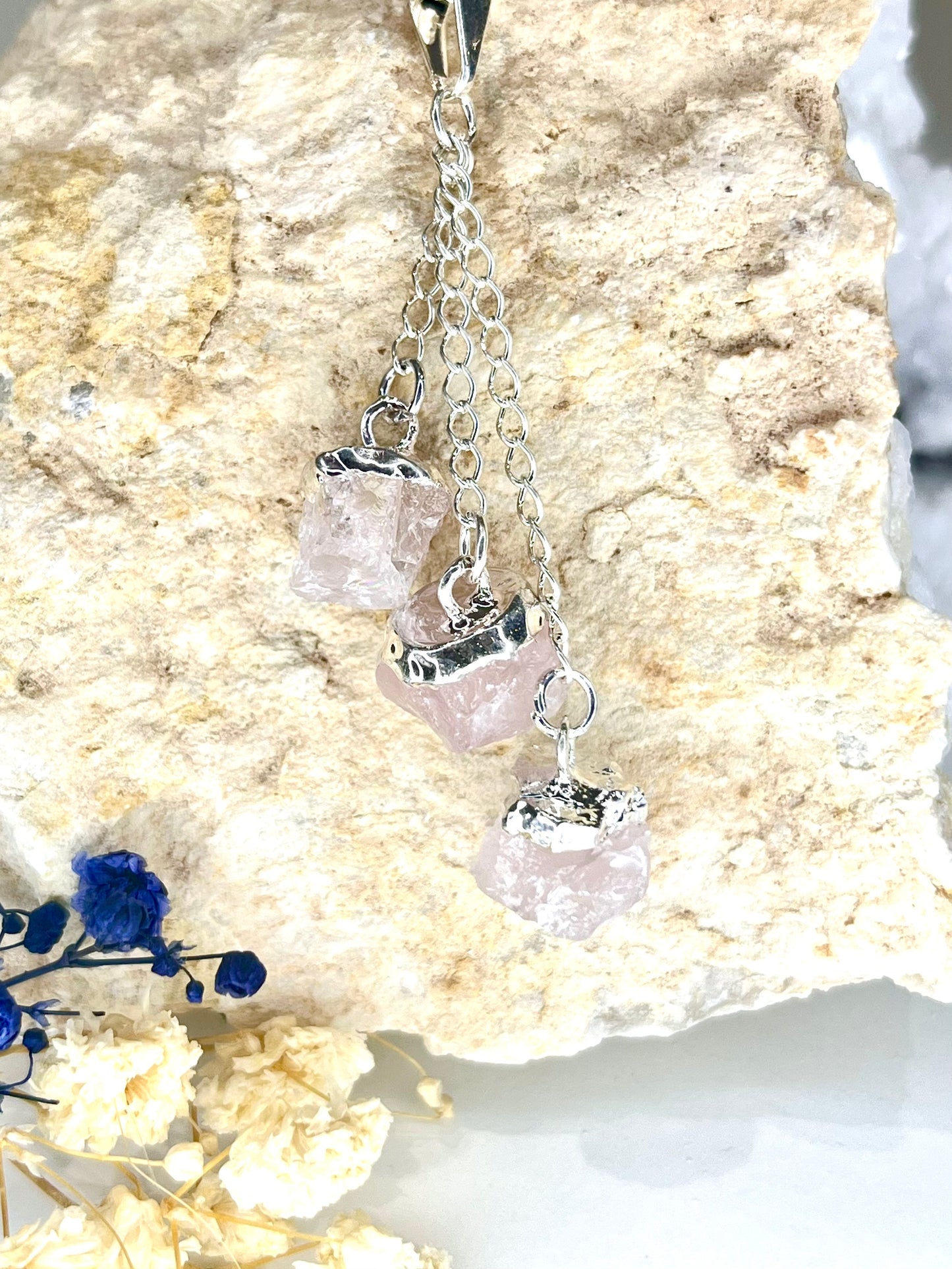 Triple Rose Quartz Pendant Necklace (20" Silver Plated Chain)