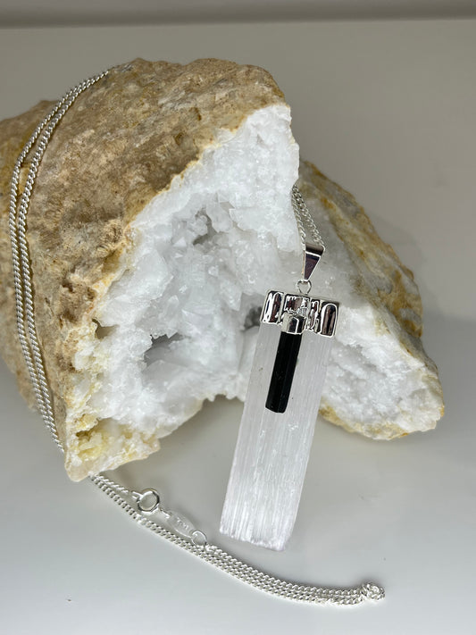 Selenite & Tourmaline Protection Wand Necklace – 20” Silver Plated