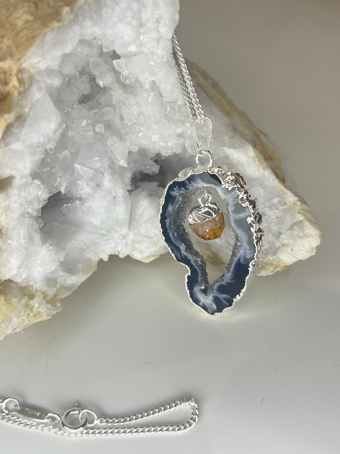 Agate Geode Slice With Citrine Point - Silver Plated