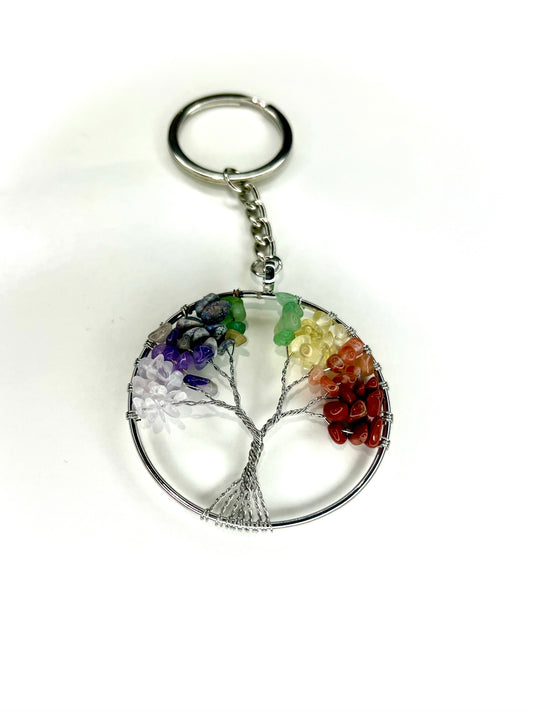 Tree of Life Chakra Keyring – Crystal Chip Rainbow Keychain for Balance & Energy
