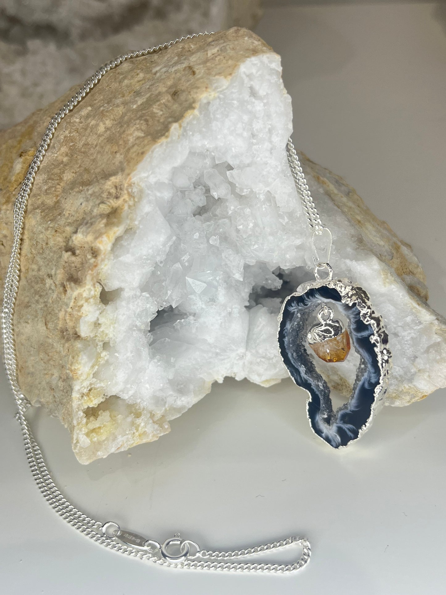 Agate Geode Slice With Citrine Point - Silver Plated
