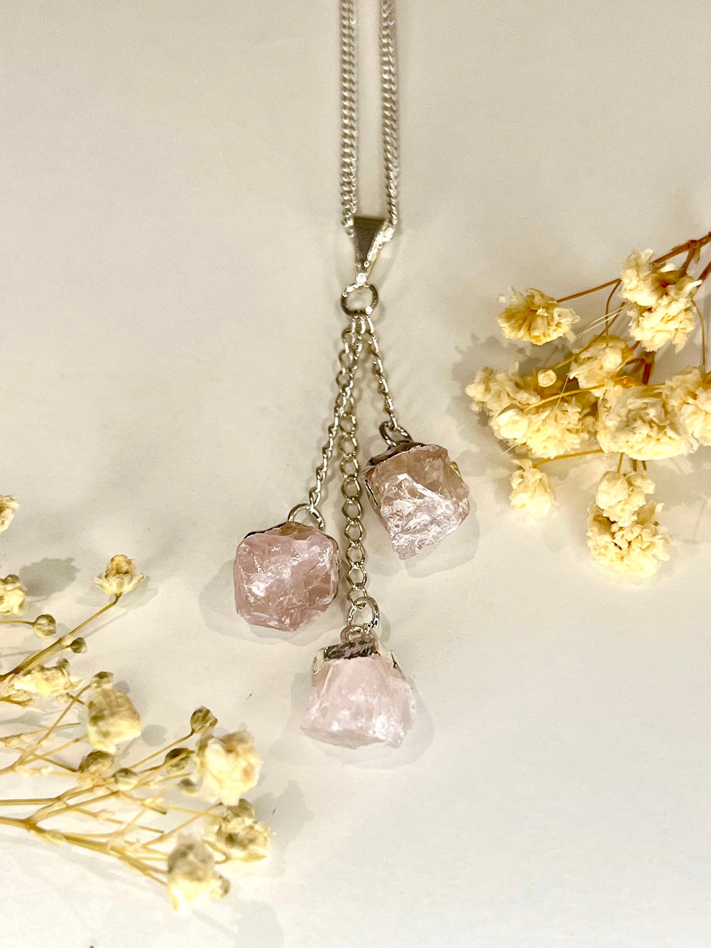 Triple Rose Quartz Pendant Necklace (20" Silver Plated Chain)