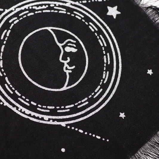 Esoteric Fringed Altar Cloth – Moon & Sun Chart Design (Celestial & Ritual Use)