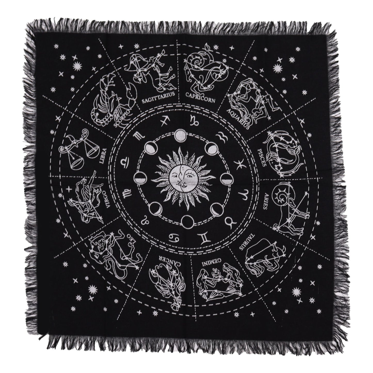 Esoteric Fringed Altar Cloth – Horoscope Zodiac Design (Astrology & Ritual Use)