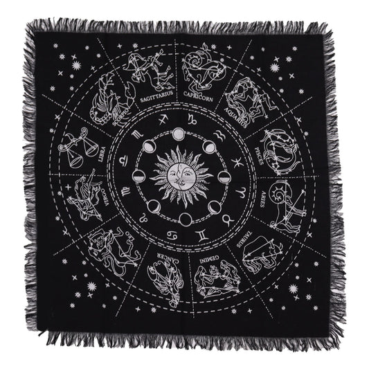 Esoteric Fringed Altar Cloth – Horoscope Zodiac Design (Astrology & Ritual Use)